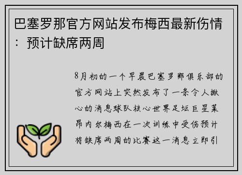 巴塞罗那官方网站发布梅西最新伤情：预计缺席两周