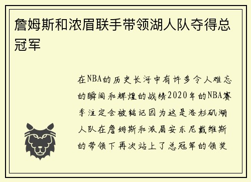詹姆斯和浓眉联手带领湖人队夺得总冠军