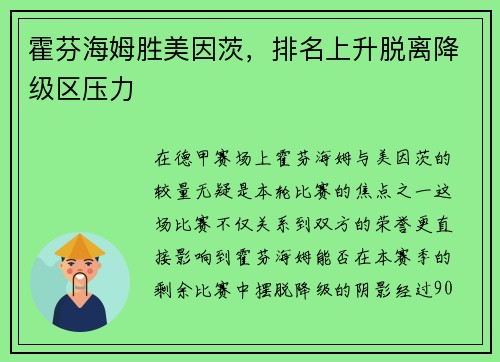 霍芬海姆胜美因茨，排名上升脱离降级区压力